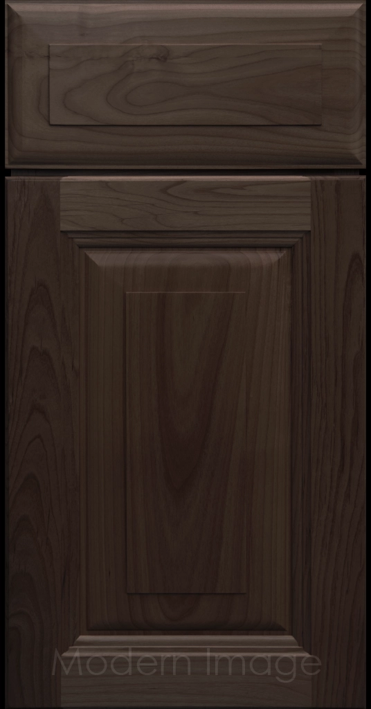 Durango raised panel cabinet door in a Cocoa stain featuring a stepped molded frame.
